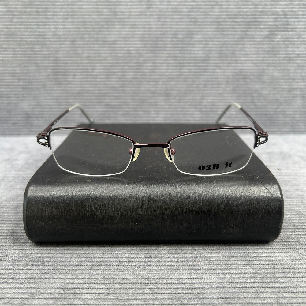 O2B it 9003 Burgundy Semi Rimless Rectangular Y2k Eyeglass Frames on Rhinestone